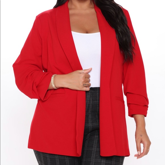 Red ruched sleeve blazer - Picture 2 of 3